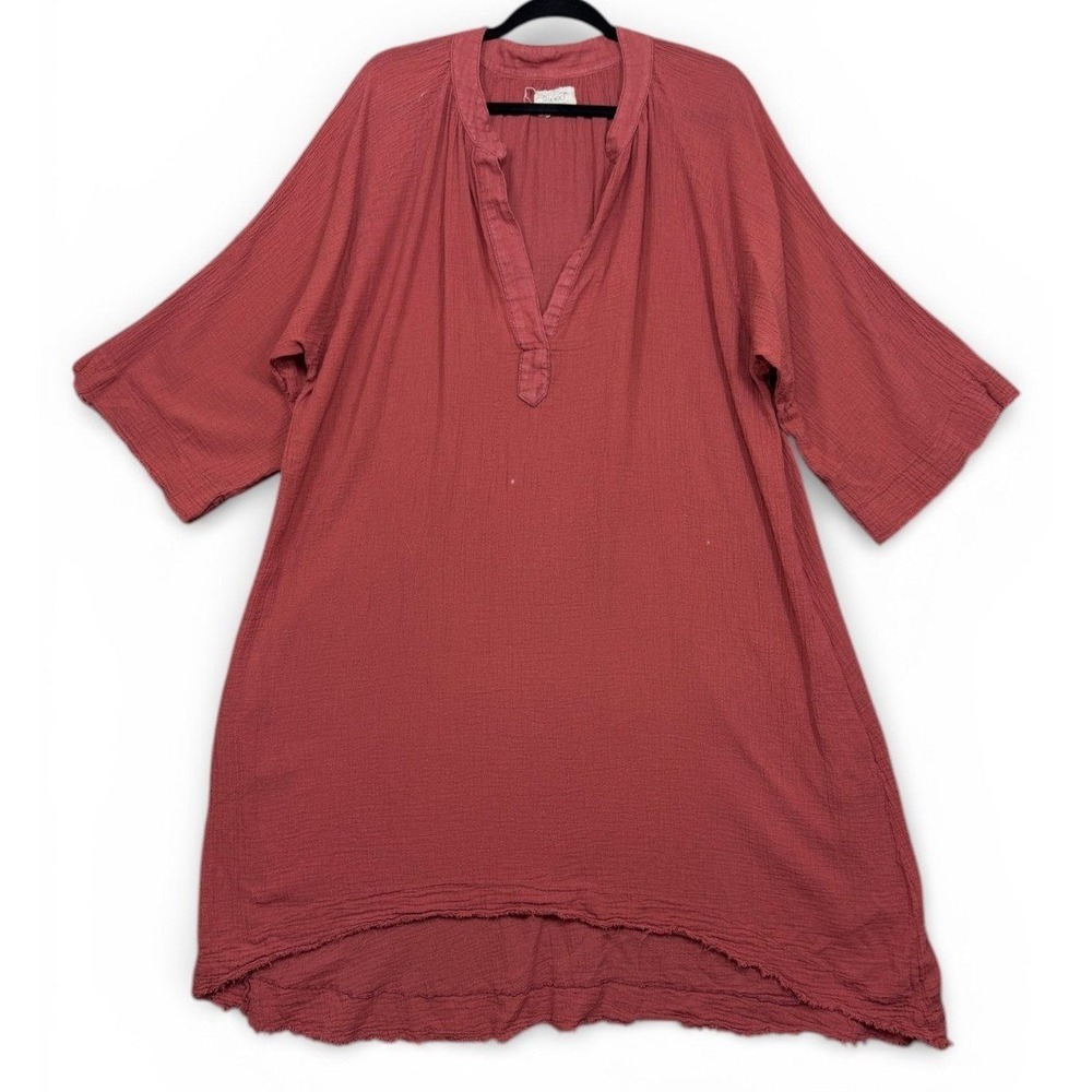9seed Tunic Dress Women One Size Red Gauze Boho Raw Edge V Neck Beach Coverup